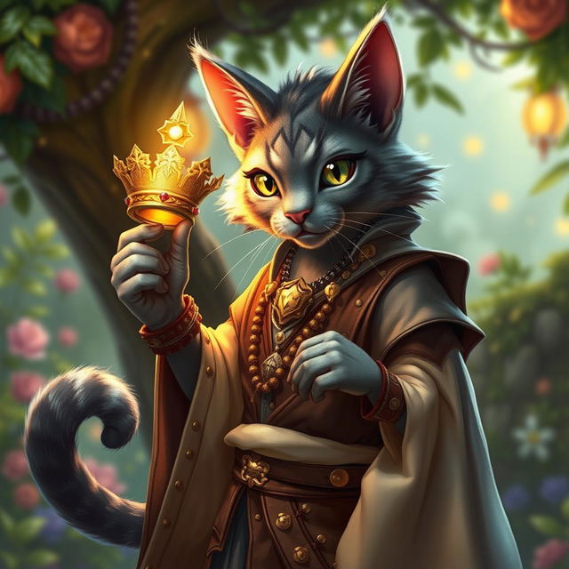 A grey tabaxi bard, characterized by his feline features and agile posture, is depicted in a whimsical yet majestic setting