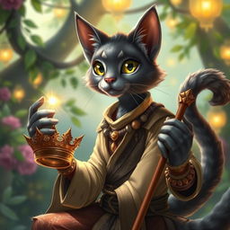 A grey tabaxi bard, characterized by his feline features and agile posture, is depicted in a whimsical yet majestic setting