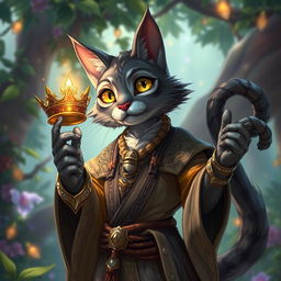 A grey tabaxi bard, characterized by his feline features and agile posture, is depicted in a whimsical yet majestic setting