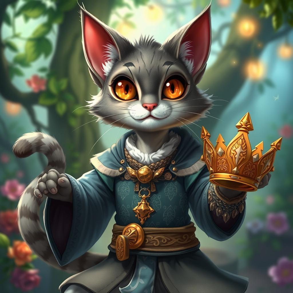 A grey tabaxi bard, characterized by his feline features and agile posture, is depicted in a whimsical yet majestic setting