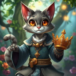 A grey tabaxi bard, characterized by his feline features and agile posture, is depicted in a whimsical yet majestic setting