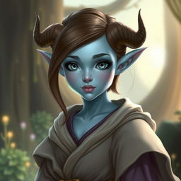 A pretty pale blue tiefling with smooth brown hair and small, elegantly curved horns, dressed in luxurious flowing robes