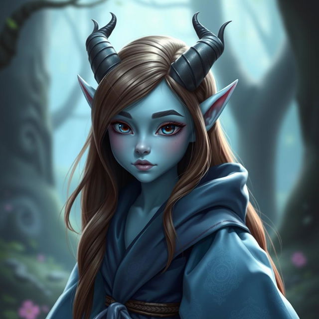 A pretty pale blue tiefling with smooth brown hair and small, elegantly curved horns, dressed in luxurious flowing robes