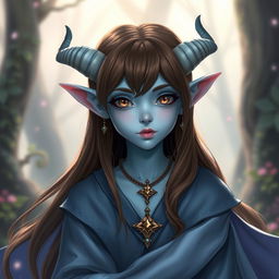 A pretty pale blue tiefling with smooth brown hair and small, elegantly curved horns, dressed in luxurious flowing robes