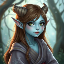 A pretty pale blue tiefling with smooth brown hair and small, elegantly curved horns, dressed in luxurious flowing robes