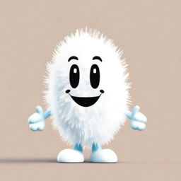 A friendly promotional mascot resembling a fluffy cotton bud with hands and feet, radiating visual softness.