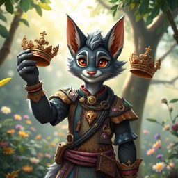 A teenage tabaxi bard with grey fur, showcasing a playful and charismatic personality