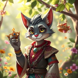 A teenage tabaxi bard with grey fur, showcasing a playful and charismatic personality