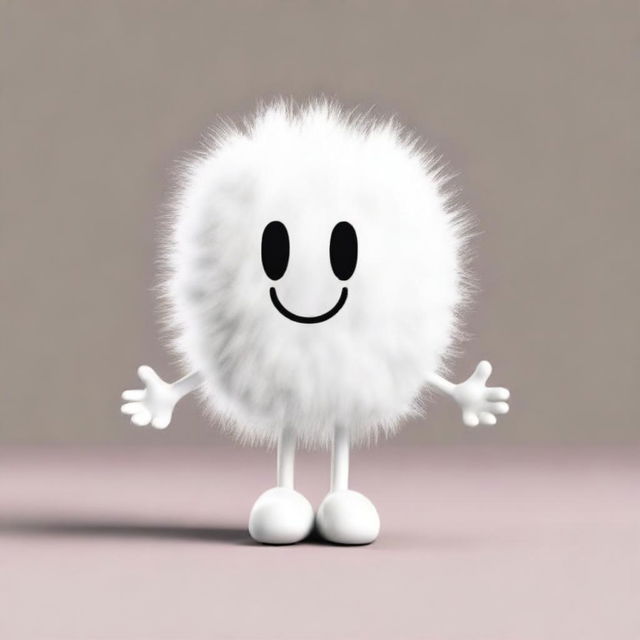 A friendly promotional mascot resembling a fluffy cotton bud with hands and feet, radiating visual softness.