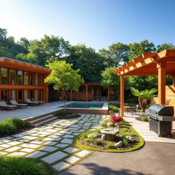 A beautifully designed outdoor area showcasing sustainable materials like warm wooden structures and natural stone pathways