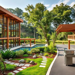 A beautifully designed outdoor area showcasing sustainable materials like warm wooden structures and natural stone pathways