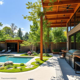 A beautifully designed outdoor area showcasing sustainable materials like warm wooden structures and natural stone pathways