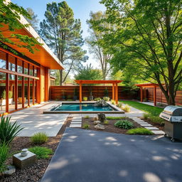 A beautifully designed outdoor area showcasing sustainable materials like warm wooden structures and natural stone pathways
