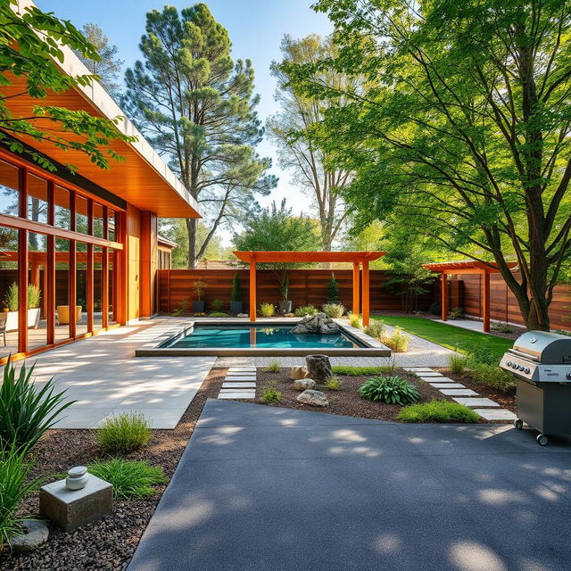 A beautifully designed outdoor area showcasing sustainable materials like warm wooden structures and natural stone pathways