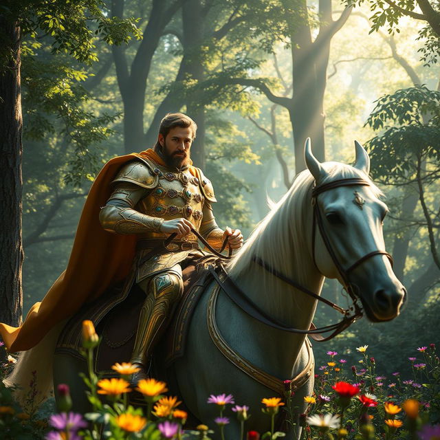 A regal and adventurous king riding through a lush, enchanted forest