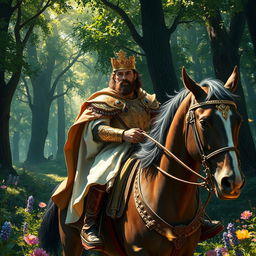 A regal and adventurous king riding through a lush, enchanted forest