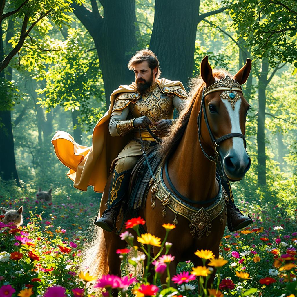 A regal and adventurous king riding through a lush, enchanted forest