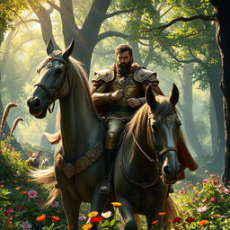 A regal and adventurous king riding through a lush, enchanted forest