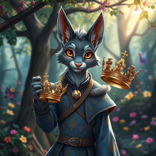 A grey teenager tabaxi bard with a sleek coat, standing proudly while holding a beautiful crown in his hand