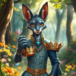 A grey teenager tabaxi bard with a sleek coat, standing proudly while holding a beautiful crown in his hand