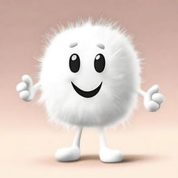 A friendly promotional mascot resembling a fluffy cotton bud with hands and feet, radiating visual softness.