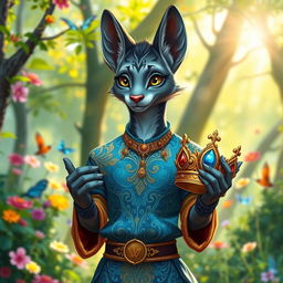 A grey teenager tabaxi bard with a sleek coat, standing proudly while holding a beautiful crown in his hand