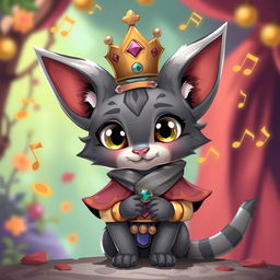 A cute grey tabaxi bard character with pointy ears and big expressive eyes, adorned in a vibrant outfit that features musical motifs