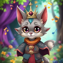 A cute grey tabaxi bard character with pointy ears and big expressive eyes, adorned in a vibrant outfit that features musical motifs