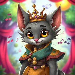 A cute grey tabaxi bard character with pointy ears and big expressive eyes, adorned in a vibrant outfit that features musical motifs
