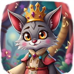 A cute grey tabaxi bard character with pointy ears and big expressive eyes, adorned in a vibrant outfit that features musical motifs