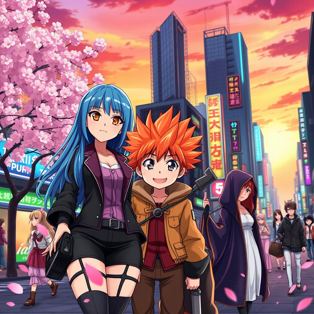 A vibrant anime-style scene depicting a bustling city street at sunset, with colorful neon lights illuminating the buildings