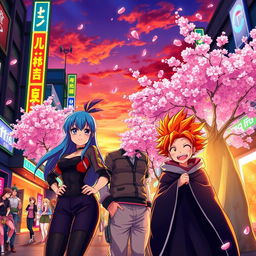 A vibrant anime-style scene depicting a bustling city street at sunset, with colorful neon lights illuminating the buildings