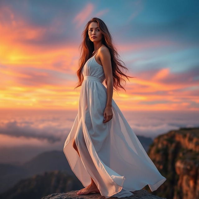 A beautiful woman with long flowing hair standing confidently on a cliff edge overlooking a stunning sunset