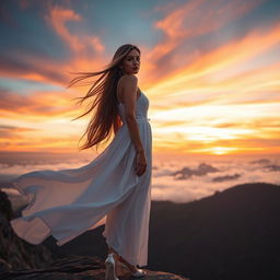 A beautiful woman with long flowing hair standing confidently on a cliff edge overlooking a stunning sunset