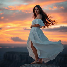 A beautiful woman with long flowing hair standing confidently on a cliff edge overlooking a stunning sunset