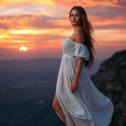 A beautiful woman with long flowing hair standing confidently on a cliff edge overlooking a stunning sunset