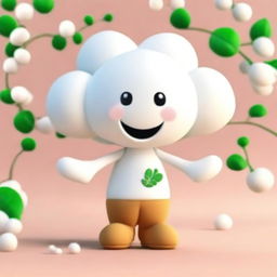 A delightful promotional mascot designed like a soft cotton flower with hands and feet, visually encapsulating tenderness.