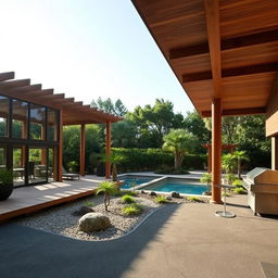 An inviting outdoor environment featuring sustainable materials like warm wood, natural stone, and expansive glass elements that contribute to a cozy and natural atmosphere