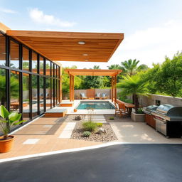 An inviting outdoor environment featuring sustainable materials like warm wood, natural stone, and expansive glass elements that contribute to a cozy and natural atmosphere