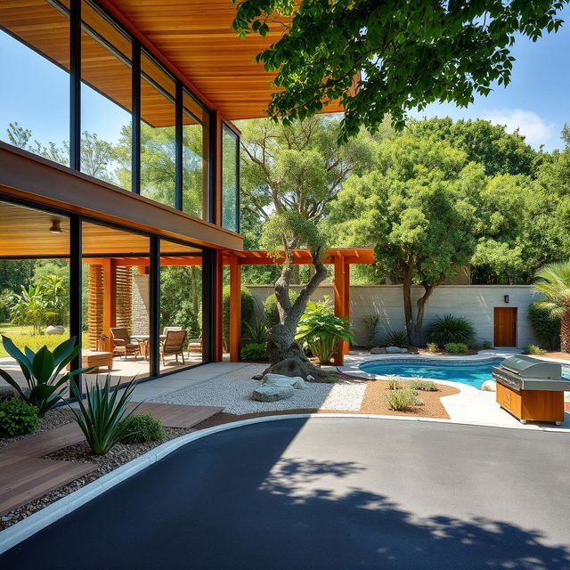 An inviting outdoor environment featuring sustainable materials like warm wood, natural stone, and expansive glass elements that contribute to a cozy and natural atmosphere