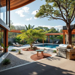 An inviting outdoor environment featuring sustainable materials like warm wood, natural stone, and expansive glass elements that contribute to a cozy and natural atmosphere