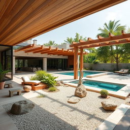 An inviting outdoor space featuring sustainable materials like natural wood, stone, and glass, contributing to a warm and cozy atmosphere