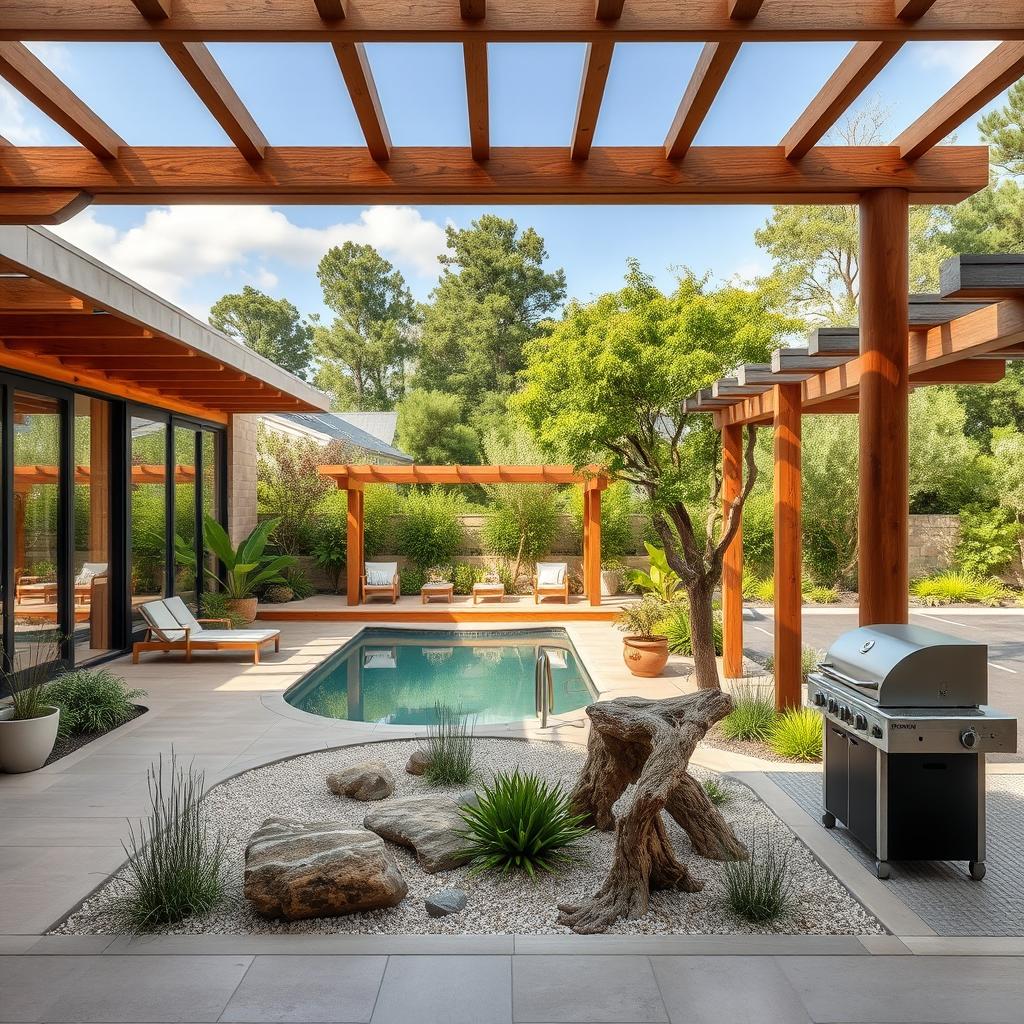 An inviting outdoor space featuring sustainable materials like natural wood, stone, and glass, contributing to a warm and cozy atmosphere