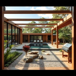 An inviting outdoor space featuring sustainable materials like natural wood, stone, and glass, contributing to a warm and cozy atmosphere