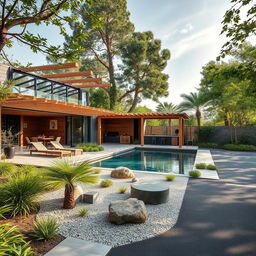An inviting outdoor space featuring sustainable materials like natural wood, stone, and glass, contributing to a warm and cozy atmosphere
