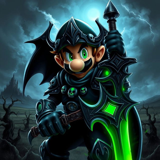 A vivid portrayal of a fictional character, Luigi, reimagined as a Death Knight