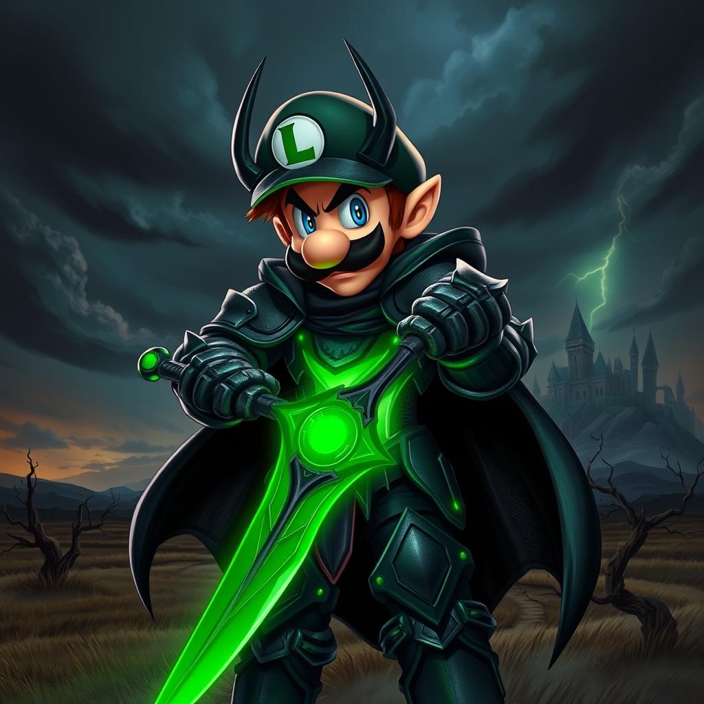 A vivid portrayal of a fictional character, Luigi, reimagined as a Death Knight