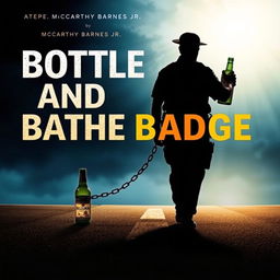 A striking image depicting the silhouette of a police officer at a crossroads, walking away with a chain attached from his leg to a broken liquor bottle