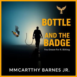 A striking image depicting the silhouette of a police officer at a crossroads, walking away with a chain attached from his leg to a broken liquor bottle