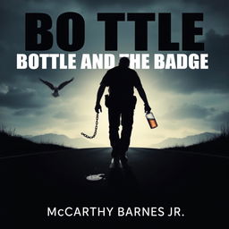 A striking image depicting the silhouette of a police officer at a crossroads, walking away with a chain attached from his leg to a broken liquor bottle